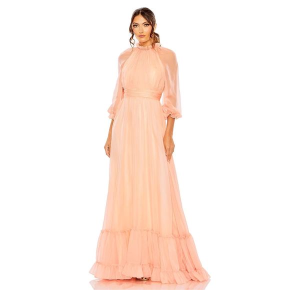 MAC DUGGAL CHIFFON RUCHED ILLUSION RAGLAN SLEEVE RUFFLED GOWN SIZE US 6 - Picture 1 of 10